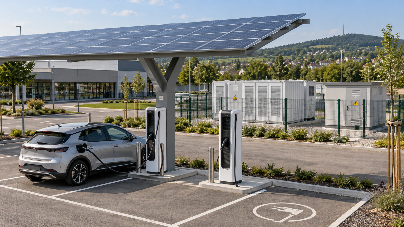 Stații de încărcare pentru vehicule electrice, copertină fotovoltaică și sistem de stocare a energiei — ilustrație e-MOVE RO